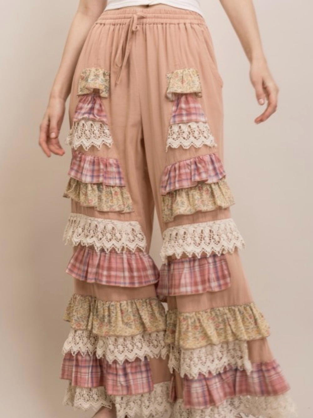 Boho Tiered Ruffle Wide-Leg Pants in Dusty Rose - Picture 3 of 10